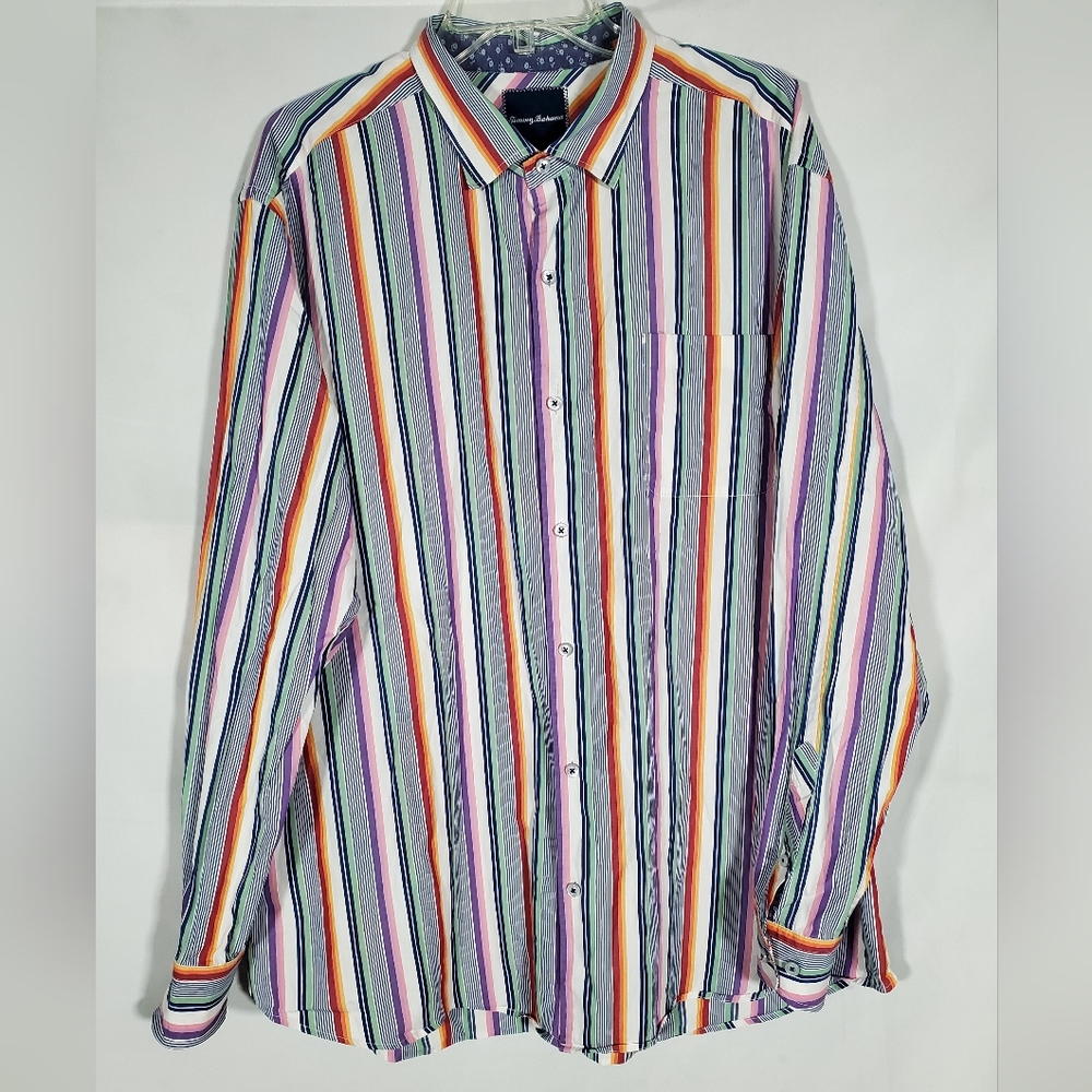 TOMMY BAHAMA COLORFUL STRIPED CONTRASTING TRIM VACATION SHIRT MENS 2XL XXL